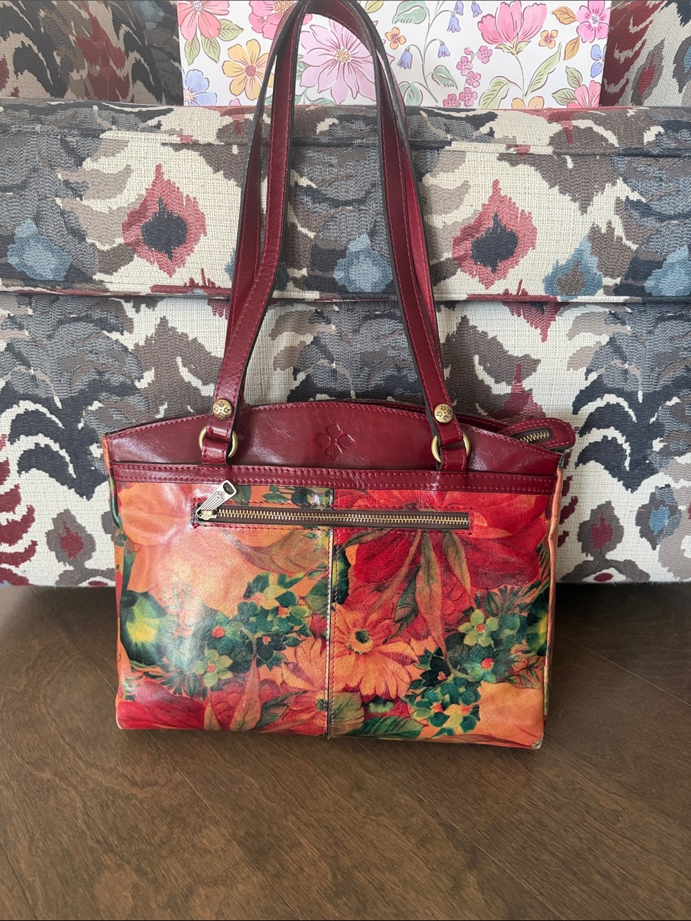 Patricia Nash Red Floral Leather Shoulder Tote